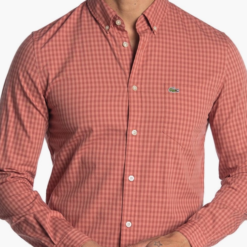 ✅New “Lacoste” Regular Fit Men's Casual Red Plaid Shirt
